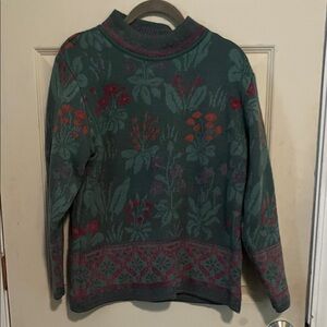 Women's Floral Crewneck Sweater in Teal and Pink Accents